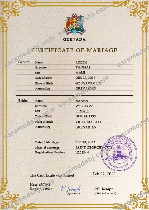 Grenada marriage certificate PSD template